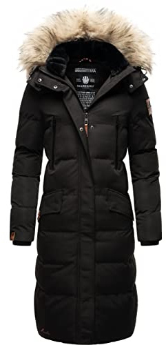 MARIKOO Damen Wintermantel warmer Steppmantel lang mit abnehmbarem Kunstfell und Kapuze Schneesternchen XS-XXL