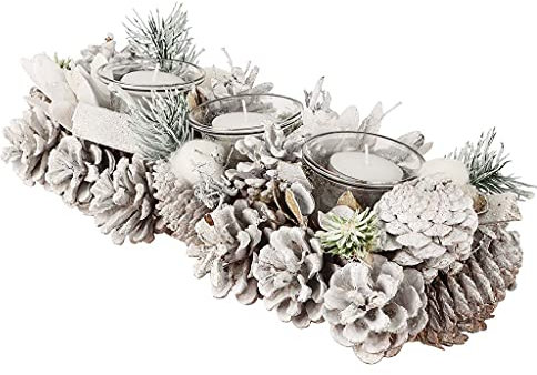 Christmas Table Centrepiece Triple Candle Holder Pine Cone Glass Tea Light Holder Dining Décor (Triple Candle Holder)