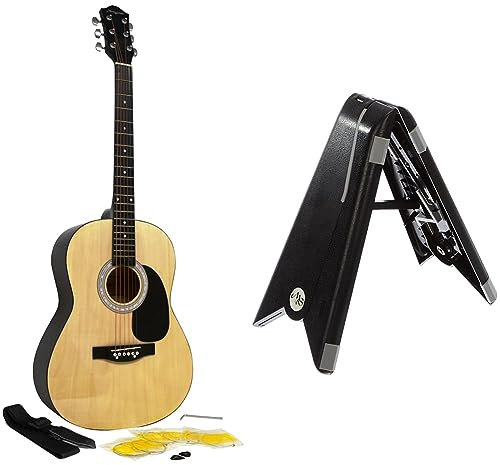 Martin Smith Akustikgitarre mit Gitarrensaiten, Gitarrenplektren & Gitarrengurt - Natürlich & tragbare Klappgitarrenständer klassischen Gitarrenständer Akustikgitarrenständer und E-Gitarrenständer