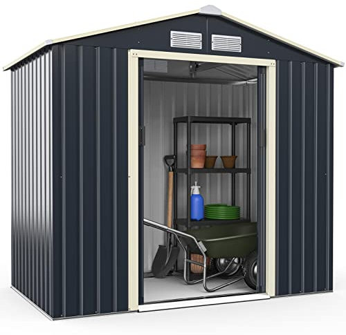 COSTWAY Abri de Jardin en Métal avec 2 Portes Coulissantes Verrouillables, Cabane Jardin Rangement 4 Trous d’Aération Toit Penché, pour Vélo, Poubelle, Gris (213,5 x 127 x 194,5cm)