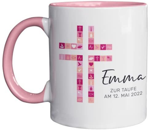 Tasse zur Kommunion/Konfirmation/Firmung mit Aufdruck des Namens und Wunschtext für Mädchen und Jungs (Henkel+Innen Rosa)