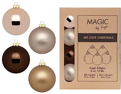 Inge-glas Weihnachtskugeln Glas 8cm x 12 Stück in Kartonbox Christbaumkugeln Set braun beige Elegant Lounge