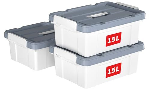 Cetomo 15L*3 Kunststoff-Aufbewahrungsbox Box mit haltbarem Deckel und Sicherheitsverschluss stapelbar und verschachtelbar 3-Packs Weiß