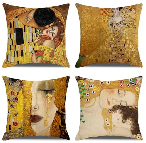 Lactraum 4er Set Gustav Klimt Kunst Zierkissenbezug Kissenbezüge Dekokissen Sofakissen Couchkissen Wohnzimmer Schlafzimmer 45x45cm (Gold)
