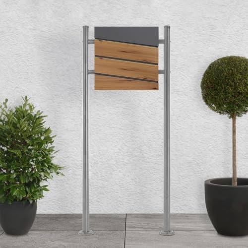 ECD Germany Boîte aux Lettres sur 2 Pieds avec Compartiment à Journaux, Boîte Anthracite Aspect Bois en Acier, Support Poteau 120 cm Argent Métallisé en Acier Inoxydable, Matériel de Montage Inclus