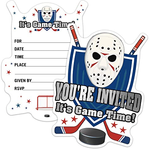 ERHACHAIJIA Einladungskarten in Form einer Eishockey-Maske, zum Ausfüllen, mit Umschlägen, lustige Einladungen für Geburtstagsparty, Sportparty, Babyparty, It's Game Time, 15 Stück