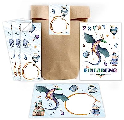 Minkocards 12 Einladungskarten zum Kindergeburtstag Junge Ritter incl. 12 Umschläge, 12 Partytüten/natur, 12 Aufkleber Einladungsset Motto-Party Einladungsset