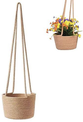Macetas Colgantes, Canasta Plantas con Cuerda, Algodón Tejida Jardinera, Macetero Colgante de Paja, Maceta Paja, para Flores, Plantas, Decoración de Interiores y Exteriores, 20 cm (Marrón)