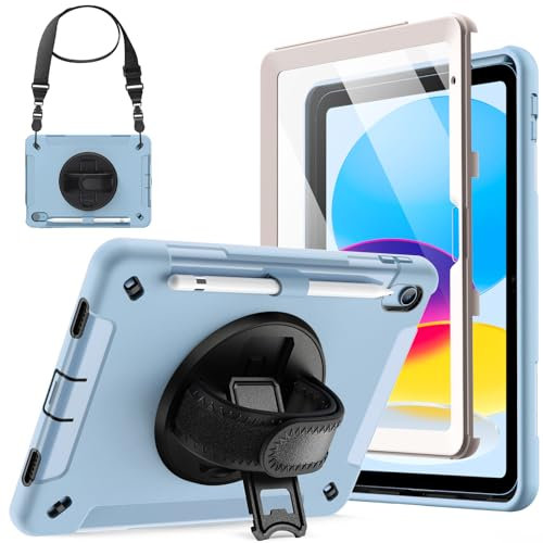 JETech Funda para iPad (A16) 11.ª/10.ª Generación (2025/2022) con Incorporada Protector Pantalla, Rugosa Antigolpes Carcasa, Soporte Giratorio 360 Grados con Correa Mano (Azul)