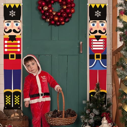 Figarge Cascanueces Decoración navideña Cascanueces Navidad Pancarta de Navidad Cascanueces Soldados Banner Merry Christmas Banner Cartel de Navidad para Exteriores Puerta de Casa Porche