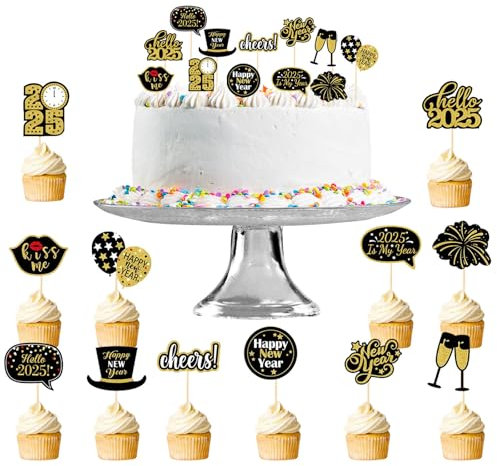 24 Stück Tortendeko Happy New Year Tortendeko Silvester Deko, Schwarz Gold Silvester Cupcake Topper, Neujahr Dekoation Zubehör, Silvester Party Dekoration Zubehör für Party Tisch Kuchen Dekoration
