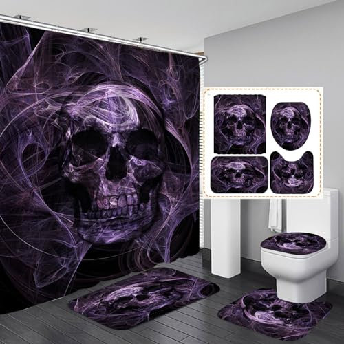 SHUOFUSH 4-teiliges Duschvorhang-Set mit bunten Totenköpfen, rutschfesten Teppichen, WC-Deckelbezug und Badematte, Badezimmer-Set mit 12 Haken, 180 x 180 cm