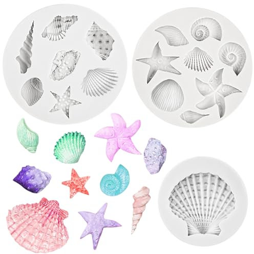 3 PCS Chocolate Moulds Marine Theme Silicone Baking Moulds Sea Shells Mermaid Cake Moulds Fondant Tools for DIY Cake Decorating Chocolate Candy Soap (Shells, Starfish, Conch)