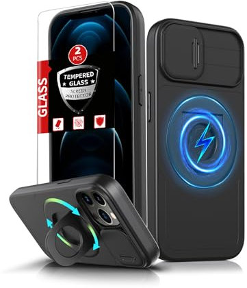 FRLMOOES pour iPhone 12 Pro Max Coque Magnétique Compatible avec MagSafe Chargement sans Fil,avec 2 Trempé Protection,360°Béquille Support & Cache Caméra intégré Étui Antichoc Absorbant de Choc Noir