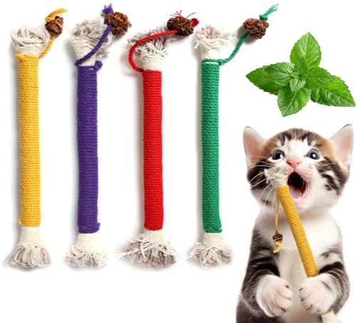 SUOXU Katzenminze Spielzeug Kauendes Baumwollseil, Interaktives katzenspielzeug für Indoor, Katzenzahnreinigung,gefüllt mit natürlicher Katzenminze, Stressabbauendes Baumwollseil-Spielzeug, 4 Stück