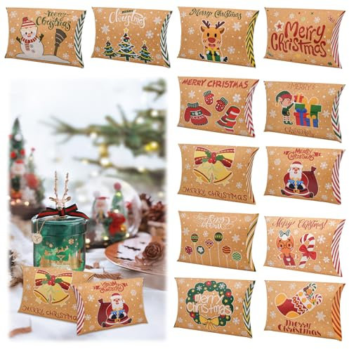 HEKOBAG 24 Stück Geschenkbox Weihnachten Klein Weihnachts Geschenkschachteln 12 Stile Geschenkkarton Kissenschachtel Weihnachten Pralinenschachtel Weihnachts Geschenk Boxen für Keksen Weihnachtsdeko