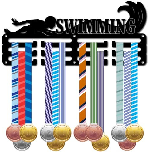 CREATCABIN Porta Medaglie Nuoto Porta Medaglie in Ferro Organizzatore Premi Gara Montato A Parete 3 Linee Ganci Separati Espositore Nastri Medaglie Atleti Appassionati Sport Regali Vincitori 29x13cm