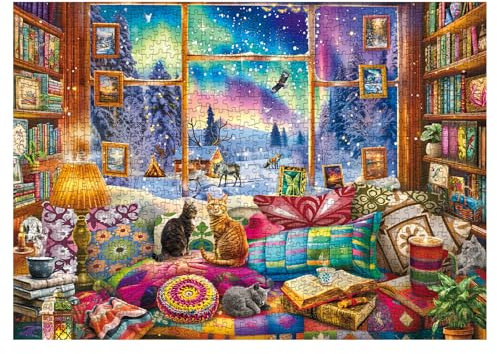 Winter Book Nook Puzzle 1000 Piece for Adult, Cozy Cabin Northern Lights Jigsaw Puzzle, Cat Animals Puzzles