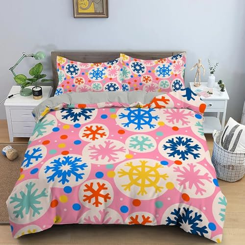 MLUNKQAIL Housse de Couette 140x200 Rose Parure de Lit 140x200 Flocon de Neige ImpriméEs Housses de Couettes Microfibre Douceur avec 2 Taies d'oreiller, avec Fermeture ZippéE