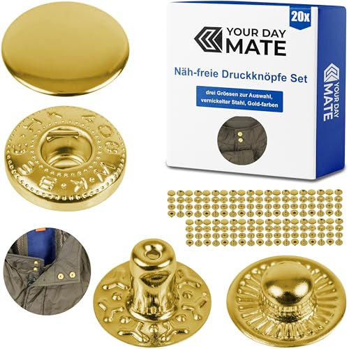 Näh-freie Druckknöpfe, Ø 15 mm, 20 Paare, in Golden, Set ohne Werkzeug, Stoffclips für DIY, Druckknopf mit Ringfeder Verschluss, Reparatur Metall Knöpfe, Ersatz Knopf Nähzubehör, Ringfederdruckknopf