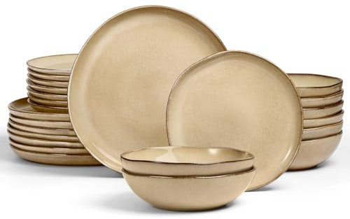 Geschirrset 8 Personen, Onader 24 Teiliges Tafelservice Steingut Set, Unregelmäßig Rund Müslischalen Dessertteller Speiseteller, Anti-Kratzer & Mikrowellenfest, Reaktives Sandfarbenes Khaki
