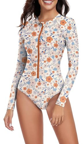 Rash Guard Swimsuits for Women, UPF 50+ Long Sleeve Swimsuit Women, One Piece Zip Floral Print Modest Swimwear, Orange Print, S