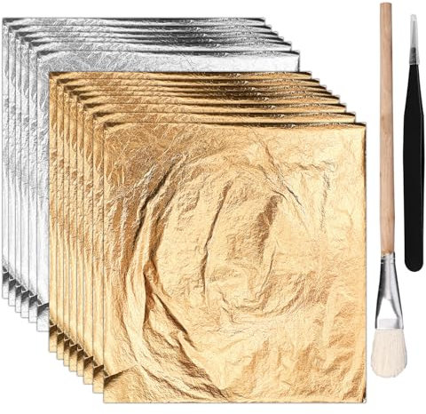 100stk Blattgold Imitation für Kunst und Vergoldungsarbeiten, 14x14cm Blattgold zum Basteln mit Pinzette und Pinsel für Heimwerkerprojekte Möbel Bilderrahmen Dekoration (Gold und Silber)