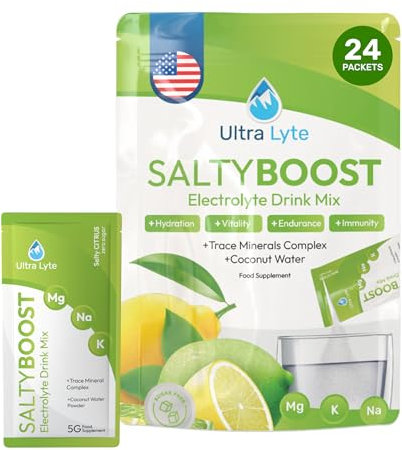 Ultra Lyte Electrolytes Lot de 24 sachets de mélange à boisson – Poudre d'électrolytes sans sucre à haute teneur en sodium, oligo-minéraux et eau de noix de coco – Réhydratation pour le fitness (24