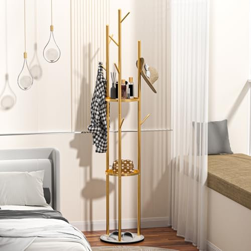 tinysiry Porte-manteau doré moderne en métal avec base en marbre stable, 3 étagères de rangement et crochets multiples, porte-manteau autoportant en forme de cactus pour chambre à coucher, entrée,