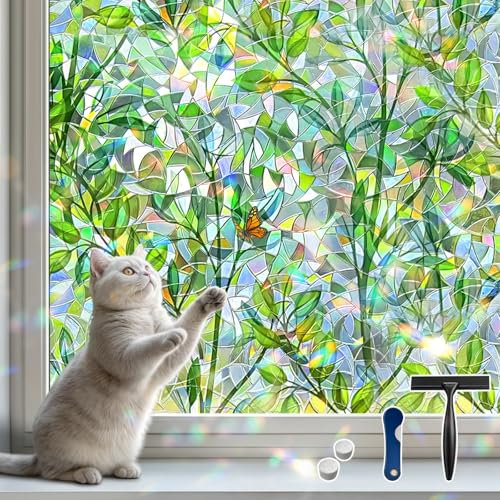 DIFIT Fensterfolie Bunt mit Grünem Blättermuster Fensterfolie Blickdicht für Privatsphäre Elektrostatische Sichtschutzfolie Fenster UV-beständig Selbsthaftend für Home und Office 60 x 200 cm