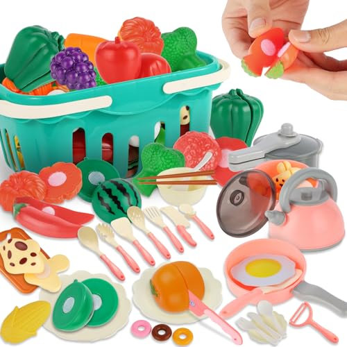 Jumkeet 91PCS Kitchen Pretend Play Food Toys for Toddler, Kid Role Play Accessories Pot & Pan Set, Cutting Fruit & Vegetables, Cooking Playset, Picnic Basket, Cutlery for Children Boy Girl Age 3+ Gift