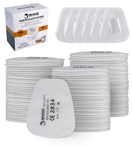 RHINO Smart Solutions 100 FFP2-Partikelfilter aus Baumwolle für Aktivkohlefilter und wiederverwendbare Atemschutzmasken gegen Gase, Staub, Farben, Chemikalien, Dämpfe und Pestizide (inkl. 6 Kappen)
