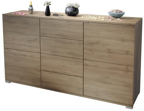 Vladon Sideboard Rova V1, Kommode mit 4 Türen und 4 Schubladen, Eiche Evoke/Eiche Evoke (138,5 x 75,5 x 35)