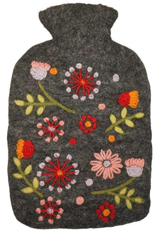 Pachamama Handfelted 100% Wool Hot Water Bottle Cover and 2 Litre Hot Water Bottle - Flower Embroidery Multicoloured Handmade Fair Trade Multicoloured Thermal