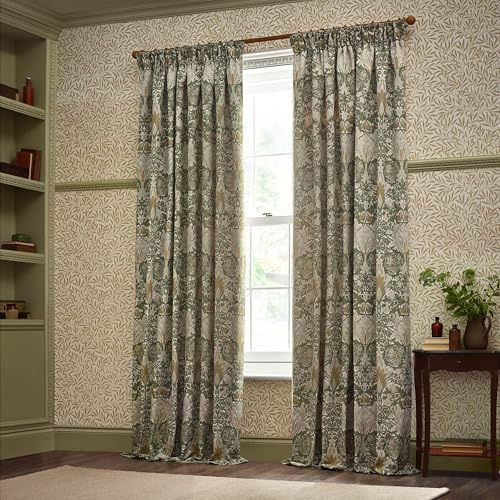 Morris&Co. Snakeshead Pencil Pleat Curtain Pair – Lined Jacquard Chenille Bold Floral Drapes (Sunflower/Stone - 168x229cm)