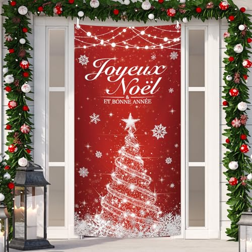 MEHOFOND 0,9 x 1,8 m Argent arbre de noël décoration housse de porte, flocons de neige scintillants, étoiles, banderole décoration fêtes intérieur et extérieur