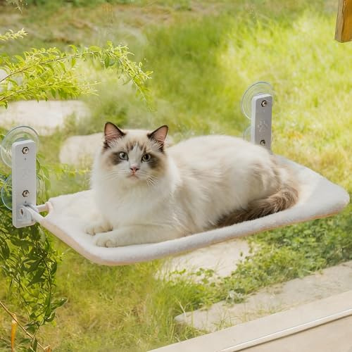 Amaca per finestra per gatti, pieghevole, con potente ventosa fino a 18 kg, copertura reversibile lavabile per gatti da interni (bianco, M)