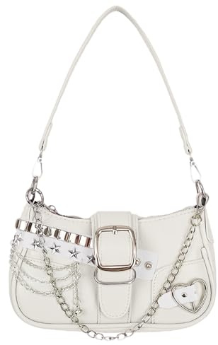 Aulenge Leder Umhängetasche für Damen Handtasche mit Y2K Sternen Kette Muster Coole Heiße Mädchen PU Leder Mini Taschen für Damen Weiß