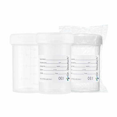 15 Pack Dr. Deutsch Urine Sample Bottles 60ml | Individually Sealed, Leak-Proof Specimen Pots with Lid & Printed Label | Sterile Medical Collection | NHS Compliant