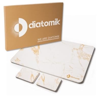 Diatomik Alfombra Diatomita Baño 60x40 cm, Secado Rápido, Antideslizante | Conjunto 3 piezas · Jabonera y bandeja a juego · Piedra superabsorbente · Diseño mármol · Base antideslizante y lija