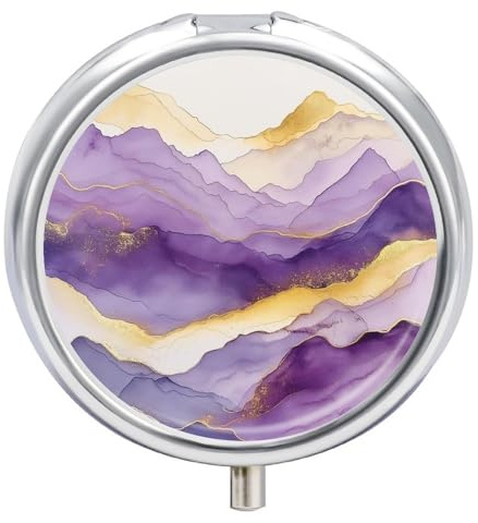 Pill Box 3 Compartment Purple and Gold Watercolor Mountains Portable Daily Pill Organizer Travel Medicine Case Vitamin Storage Container