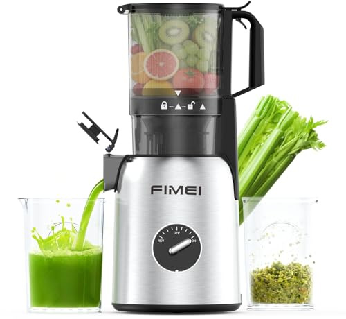 FIMEI Extractor de Zumos y Verduras, Licuadora Prensado en Frio para Verduras Frutas Enteras con Apertura de 135 MM, Fácil Montaje y Limpieza, Extractor de Jugo Incluye 2 Vasos, Sin BPA, Base inox
