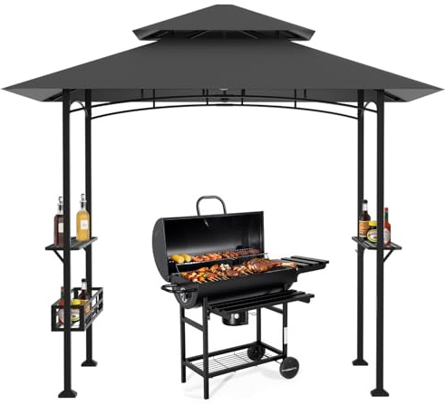 Peviasot Grillpavillon 238 x 148 x 242 cm, BBQ Pavillon mit Doppeldach, 2 Seitenablagen, Ablagekorb, 10 Haken, Flaschenöffner, UV30+ Sonnenschutz, dunkelgrau, für Garten und Terrasse
