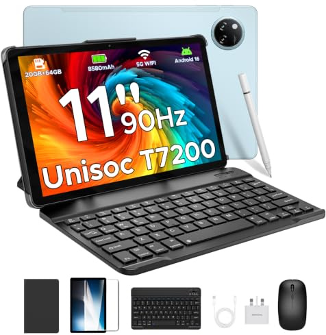 DOOGEETab TAB A9+ Android 16 Tablet with Keyboard, 11 Inch Tablet with Gemini AI, 8580mAh & T7200 Octa Core Android Tablets, 20GB+64GB/2TB, 13MP+5MP, Widevine L1|Face ID|BT|5G WiFi|GPS|FM|OTG, Blue