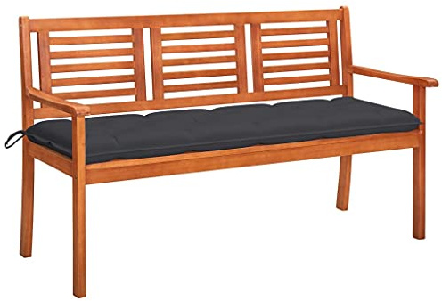 KGHFDVB Massive Eukalyptus-Gartenbank 150 cm mit Auflage, 3-Sitzer Holzbank für Garten Terrasse Veranda, ölbeschichtet ergonomisch bis 110 kg pro Sitzplatz