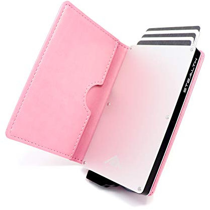 Stealth Wallet - Porte-Cartes Minimaliste - Portefeuilles Pop-up avec Blocage RFID/NFC avec Boîte-Cadeau - Porte-Cartes de Crédit en Métal Léger et Fin et Protection (Argent avec Cuir Rose)