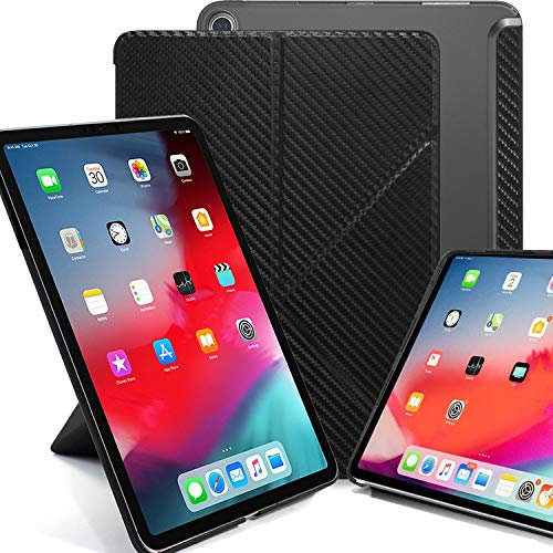 KHOMO iPad Pro 12.9 2018 Smart Cover Schutzhülle mit Halbdurchsichtiger Silikonrückseite und Origami Aufstellungsmöglichkeiten - Kohlefaser