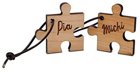 CHRISCK design Schlüsselanhänger aus Vollholz mit Wunsch-Gravur Puzzle Anhänger Ideal als Geburtstagsgeschenk schöne Geschenk-Idee zum Jahrestag für Freunde Freundinnen und Geschwister