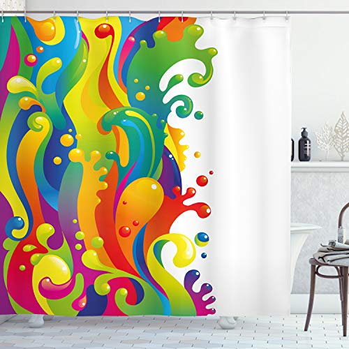 ABAKUHAUS Psychedelisch Duschvorhang, Regenbogen-Spritzen, Stoffliches Gewebe Badezimmerdekorationsset mit Haken, 175 x 220 cm, Grün Gelb
