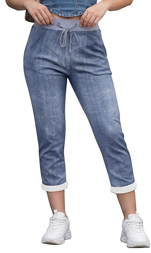 Love My Fashions® Trousers for Women UK Elasticated Waist Floral Denim Look Comfortable Italian Trousers, Casual Summer Yoga Pants for Women